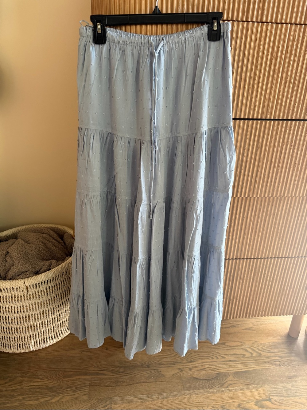 Soft Light Blue Tiered Maxi Skirt with Drawstring Waist